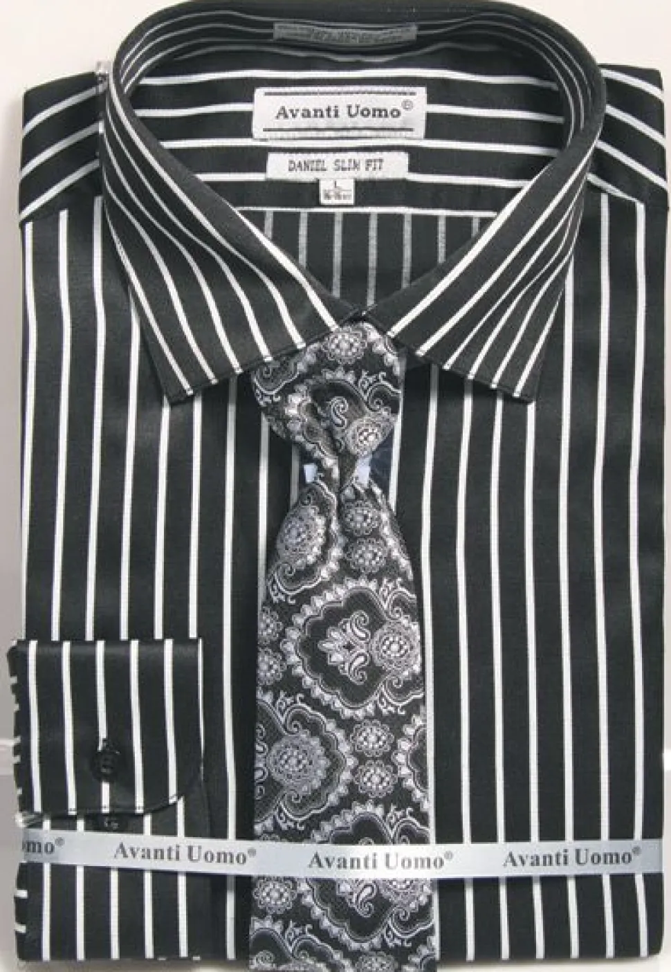 Button Cuff Slim Fit Stripe Shirt in Black/Silver and Tie Set