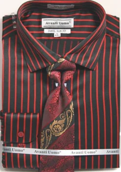 Button Cuff Slim Fit Stripe Shirt in Black/Red and Tie Set