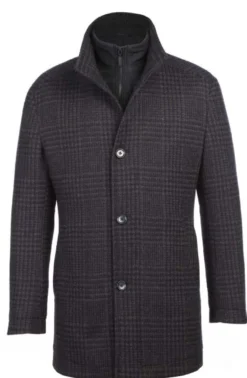 Charcoal Wool Blended Quilted Overcoat Slim Fit with Detachable Bib