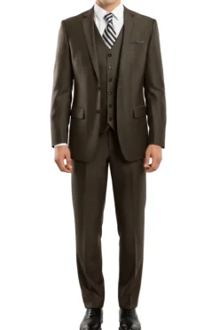 Charcoal Brown 3 Piece Modern Fit Suit 2 Button V-Neck Vest