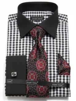 Check Pattern French Cuff Dress Shirt Set - Black