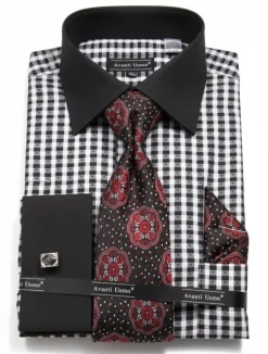 Check Pattern French Cuff Dress Shirt Set - Black