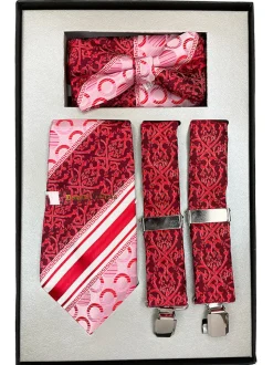 Cherry Men's Accessory Box Bow Tie, Necktie, Pocket Square, Suspender 4 Piece Set