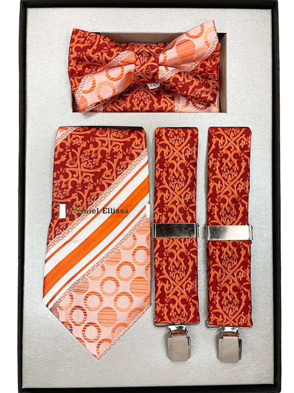 Cognac Men's Accessory Box Bow Tie, Necktie, Pocket Square, Suspender 4 Piece Set