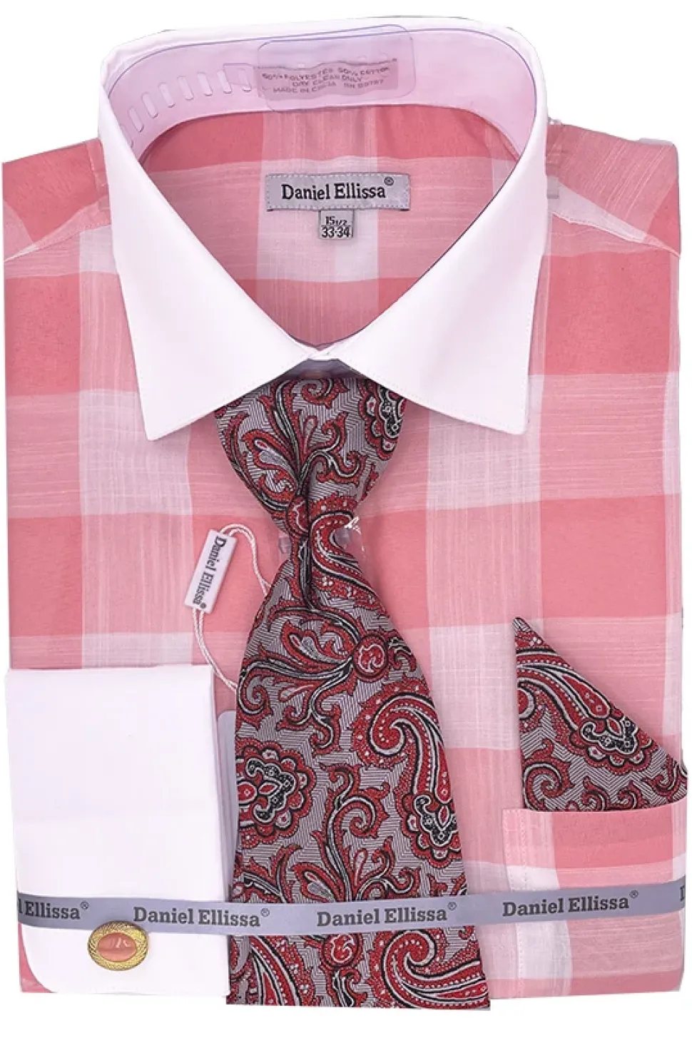 Coral Tone on Tone Check Printed French Cuff Dress Shirt Set with Tie and Pocket Square