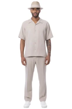Curved Geometric Short Sleeve Walking Suit - Khaki