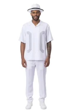 Curved Geometric Short Sleeve Walking Suit - White