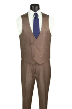 Deep Taupe Regular Fit 3 Piece Sharkskin Suit with Vest and Adjustable Waistband Pants