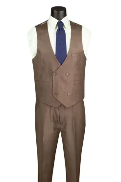 Deep Taupe Regular Fit 3 Piece Sharkskin Suit with Vest and Adjustable Waistband Pants