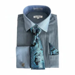 Denim Blue Textured French Cuff Dress Shirt Set