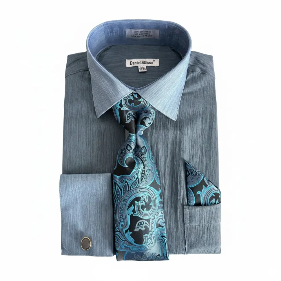 Denim Blue Textured French Cuff Dress Shirt Set