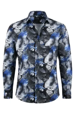 Dress Shirt Regular Fit Ukiyo-e Inspired Style Pattern In Black/Royal Blue