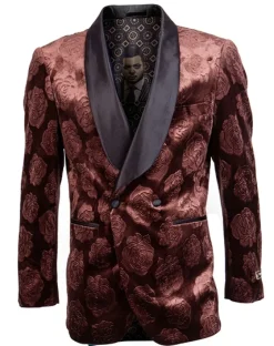 Empire Collection - Slim Fit Rust Floral Pattern Double Breasted Blazer