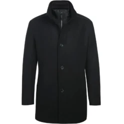 English Laundry Black Slim Fit Wool Blend Short Coat with Detachable Full Zipper