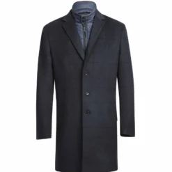English Laundry Blue Tone-on-tone Glen Plaid Slim Fit Wool Blend Short Coat with Detachable Full Zipper