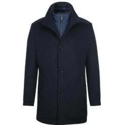 English Laundry Navy Slim Fit Wool Blend Short Coat with Detachable Full Zipper