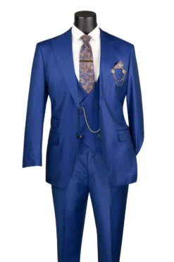 Estate Blue Regular Fit 3 Piece Sharkskin Suit with Vest and Adjustable Waistband Pants