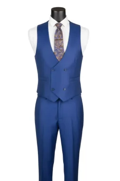 Estate Blue Regular Fit 3 Piece Sharkskin Suit with Vest and Adjustable Waistband Pants