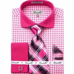 French Cuff Checker Pattern Cotton Shirt in Fuchsia