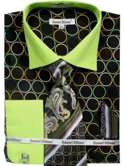 French Cuff Circle Printed Cotton Shirt in Black/Green