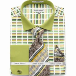 French Cuff Cotton Shirt in Green with Tie, Cuff Links and Pocket Square
