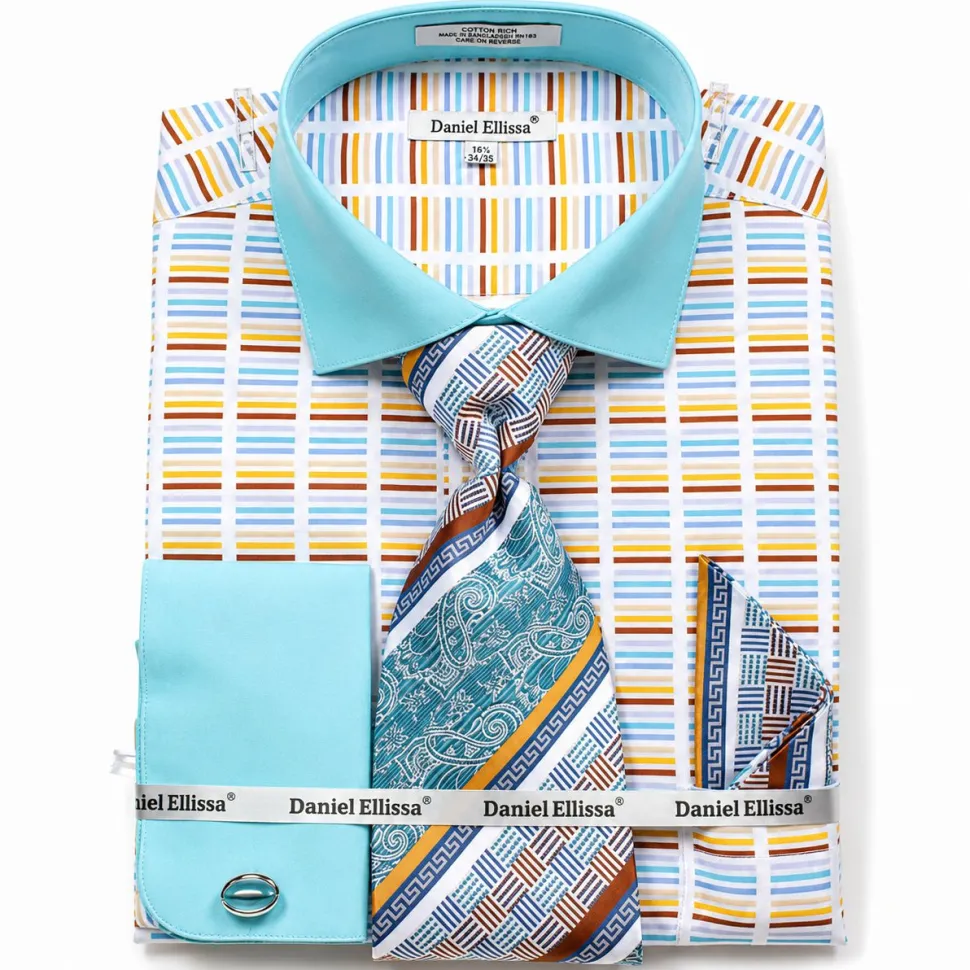 French Cuff Cotton Shirt Set in Turquoise with Tie, Cuff Links and Pocket Square