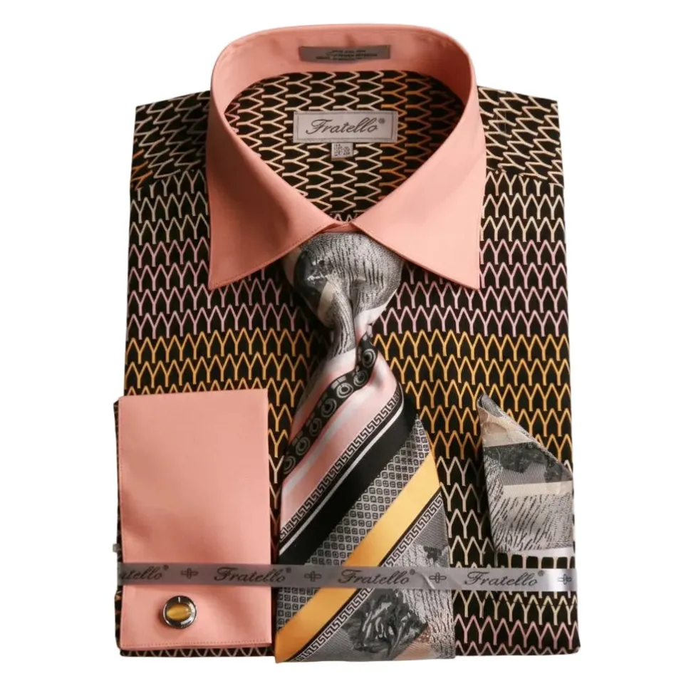 French Cuff Printed Tone on Tone Shirt in Black/Gold with Tie, Cuff Links and Pocket Square