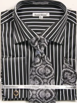 French Cuff Regular Fit Shirt Set Bold Stripe Black with Cuff Links, Tie and Pocket Square