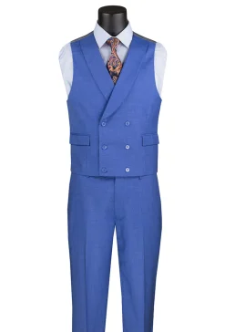 French Blue Modern Fit 3 Piece Suit with Vest and Adjustable Waistband Pants