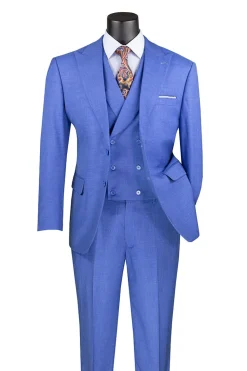 French Blue Modern Fit 3 Piece Suit with Vest and Adjustable Waistband Pants