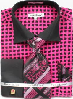 French Cuff Checker Pattern Cotton Shirt in Black/Fuchsia with Tie, Cuff Links and Handkerchief