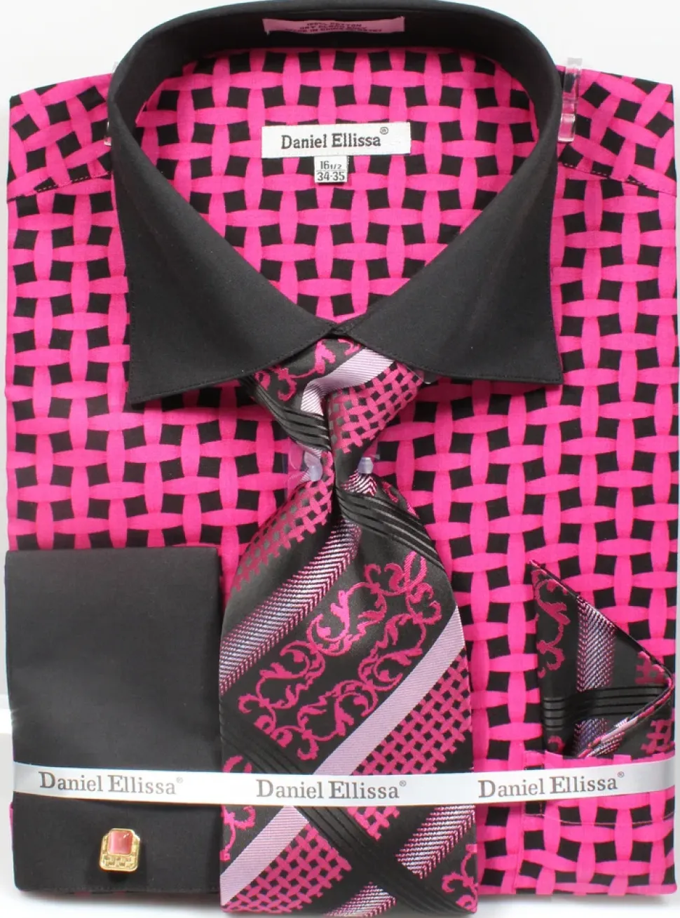 French Cuff Checker Pattern Cotton Shirt in Black/Fuchsia with Tie, Cuff Links and Handkerchief