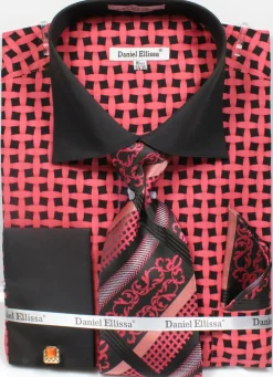French Cuff Checker Pattern Cotton Shirt in Black/Coral