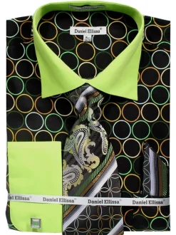 French Cuff Circle Printed Cotton Shirt in Black/Green