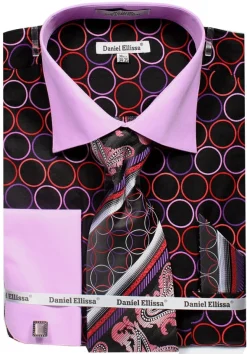 French Cuff Circle Printed Cotton Shirt in Black/Lilac