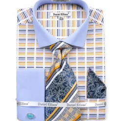French Cuff Cotton Shirt in Blue with Tie, Cuff Links and Pocket Square