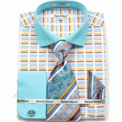 French Cuff Cotton Shirt Set in Turquoise with Tie, Cuff Links and Pocket Square