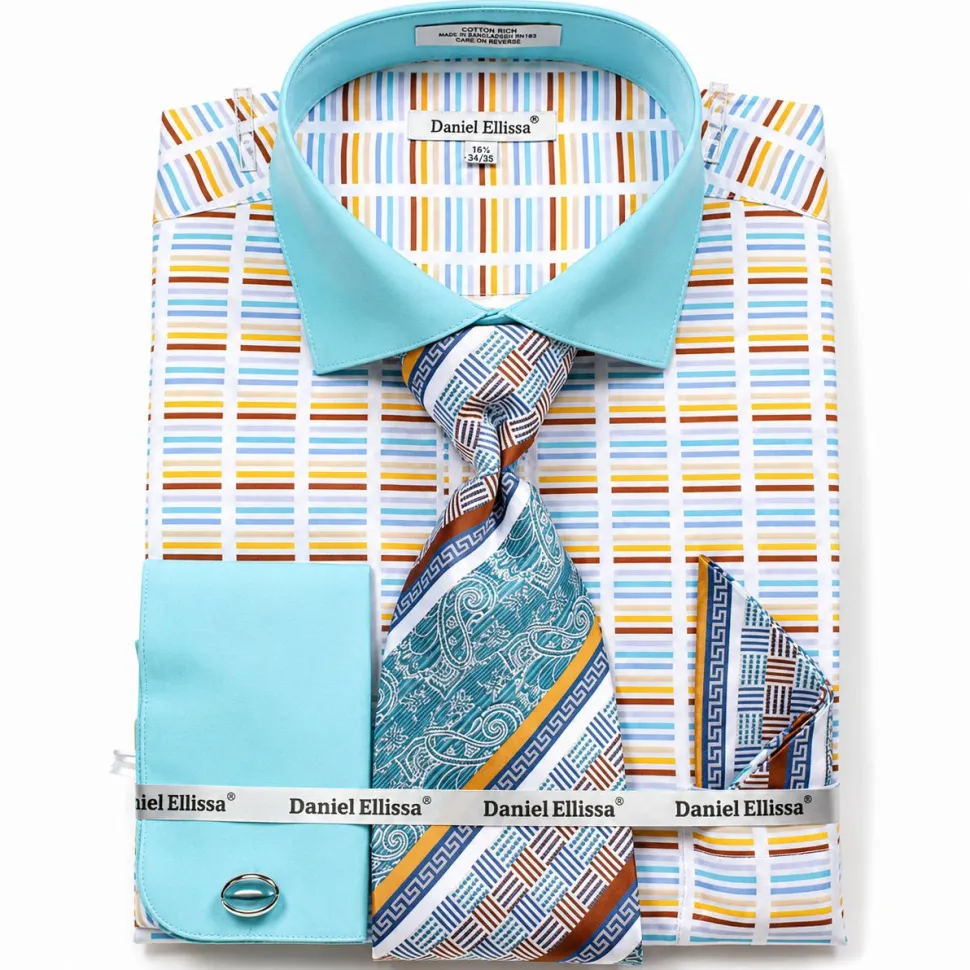 French Cuff Cotton Shirt Set in Turquoise with Tie, Cuff Links and Pocket Square
