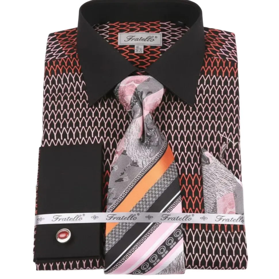 French Cuff Printed Tone on Tone Shirt in Black/Orange with Tie, Cuff Links, and Pocket Square
