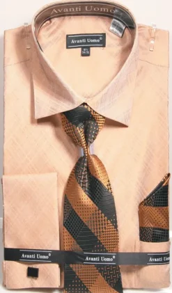 French Cuff Regular Fit Shirt in Tan with Tie, Cuff Links and Pocket Square