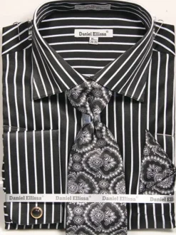French Cuff Regular Fit Shirt Set Bold Stripe Black with Cuff Links, Tie and Pocket Square