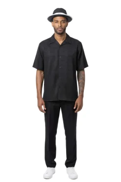 Geometric Weave Short Sleeve Walking Suit - Black
