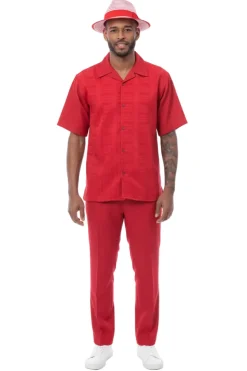 Geometric Weave Short Sleeve Walking Suit - Red