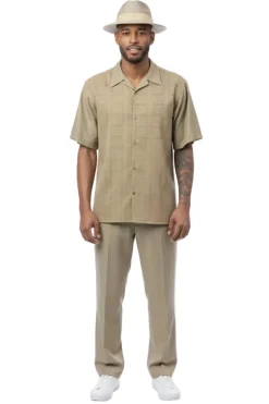 Geometric Weave Short Sleeve Walking Suit - Olive
