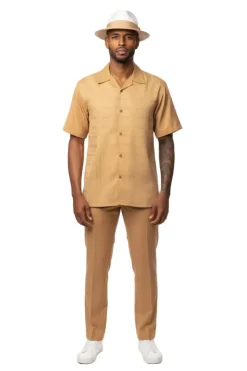 Geometric Weave Short Sleeve Walking Suit - Camel