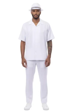 Geometric Weave Short Sleeve Walking Suit - White