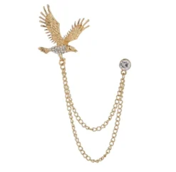 Gold American Eagle Rhinestone Diamonds Double Chain Brooch