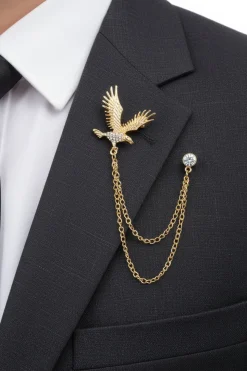 Gold American Eagle Rhinestone Diamonds Double Chain Brooch