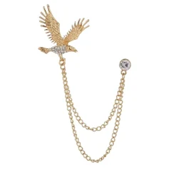 Gold American Eagle Rhinestone Diamonds Double Chain Brooch