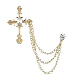 Gold Cross Pendant Diamond Rhinestone Triple Chain Brooch